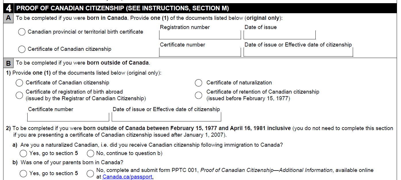 canadian passport application proof of citizenship requirement