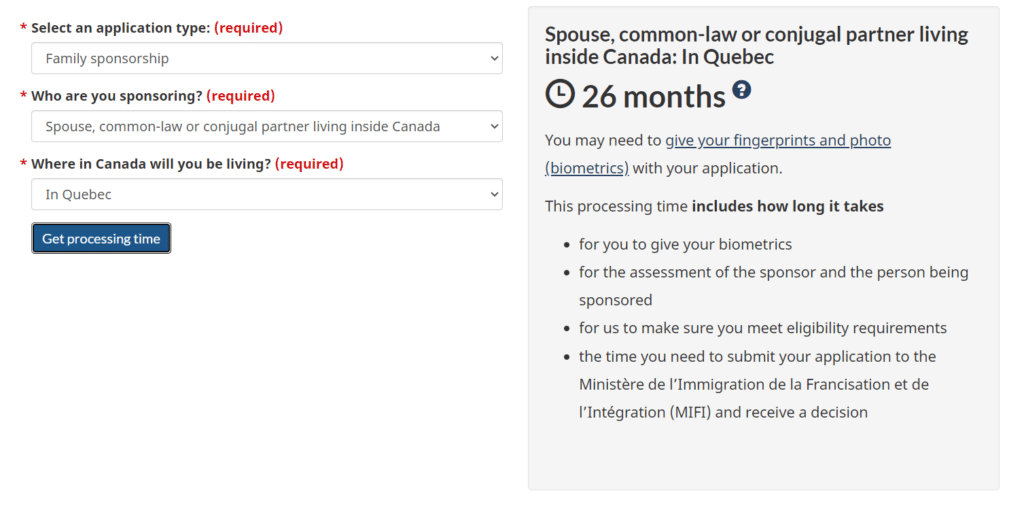 inland sponsorship processing time inside quebec