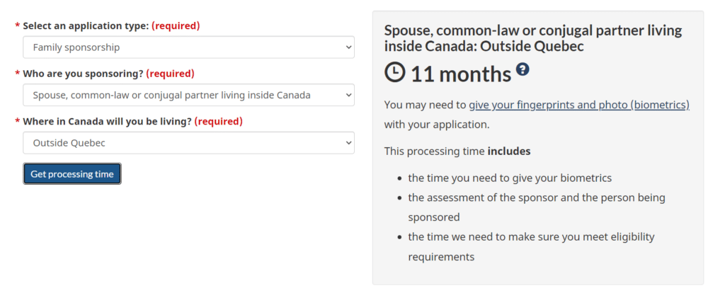 inland sponsorship processing time outside quebec