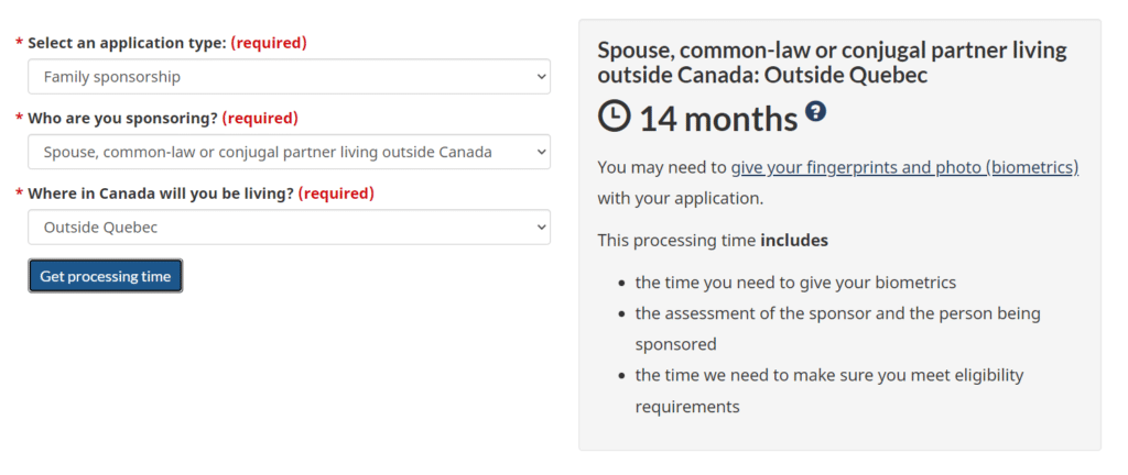 outland spousal sponsorship application processing time outside quebec